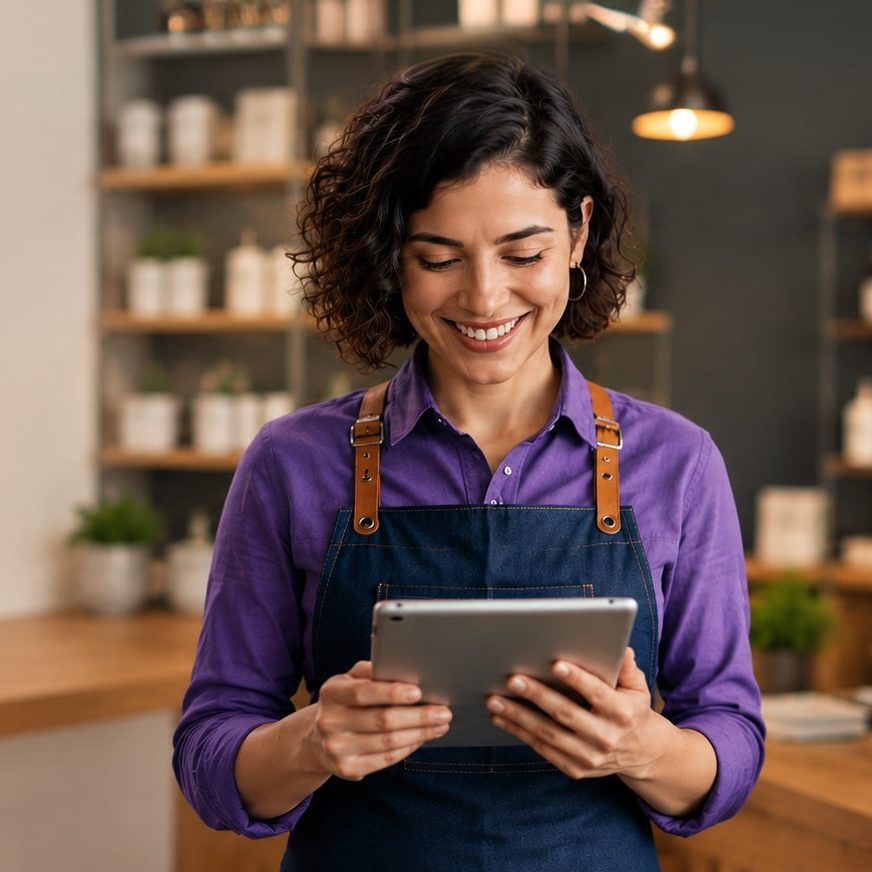 Emprendedora revisando la gestión de su negocio en una tablet