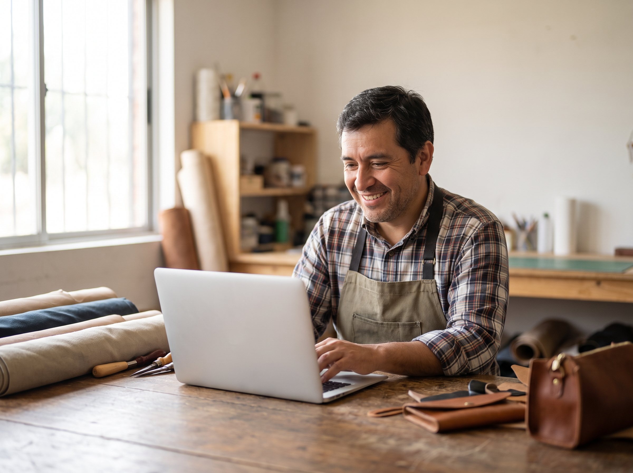 Emprendedor gestionando su taller con un computador portátil